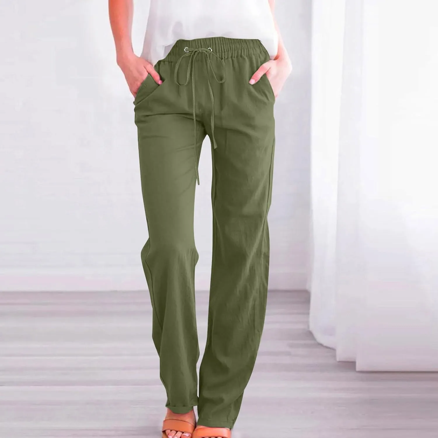 Women's Linen Cotton Casual Pants Lounge Pants Drawstring with Pockets Elastic Waist Straight Leg Pants Loose Trouser