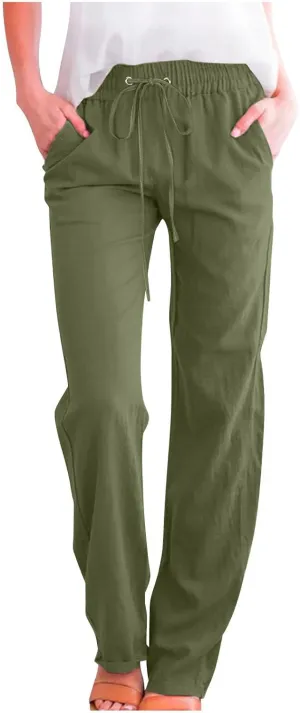 Women's Linen Cotton Casual Pants Lounge Pants Drawstring with Pockets Elastic Waist Straight Leg Pants Loose Trouser