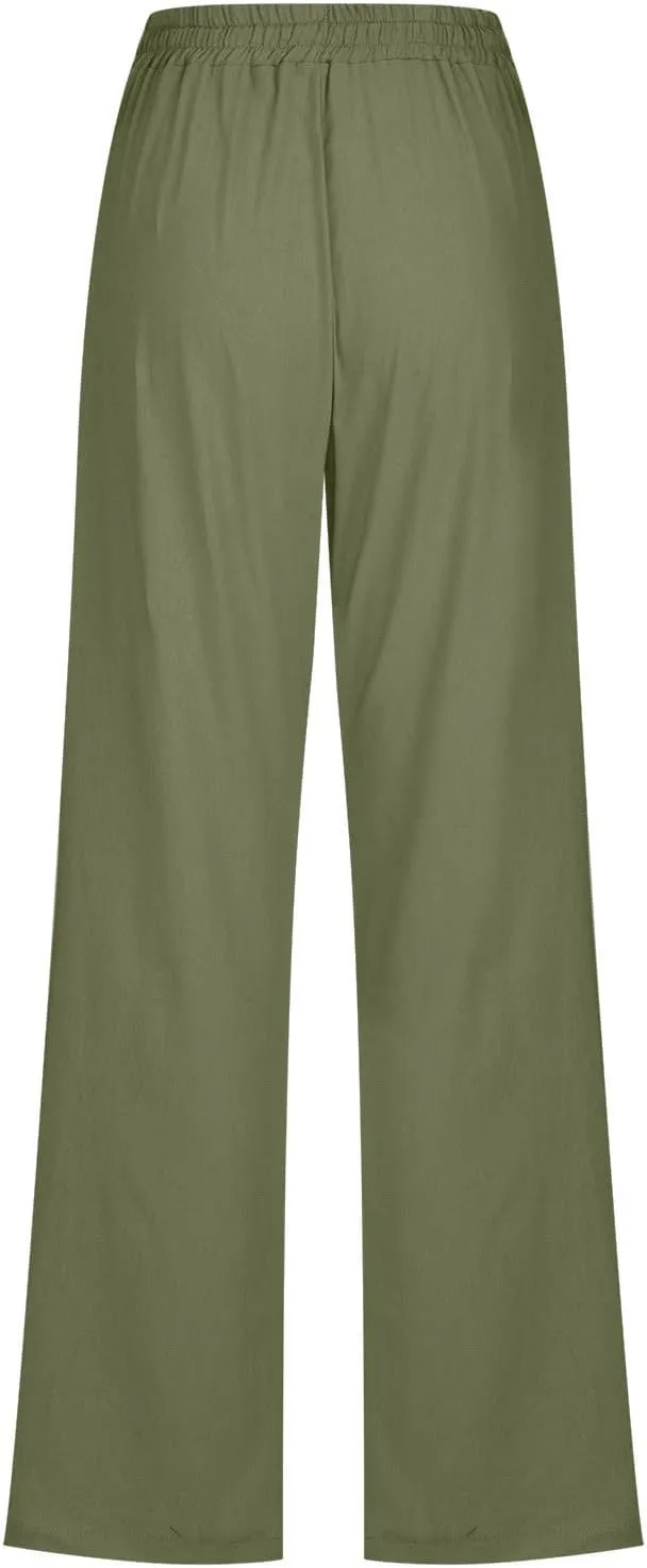 Women's Linen Cotton Casual Pants Lounge Pants Drawstring with Pockets Elastic Waist Straight Leg Pants Loose Trouser