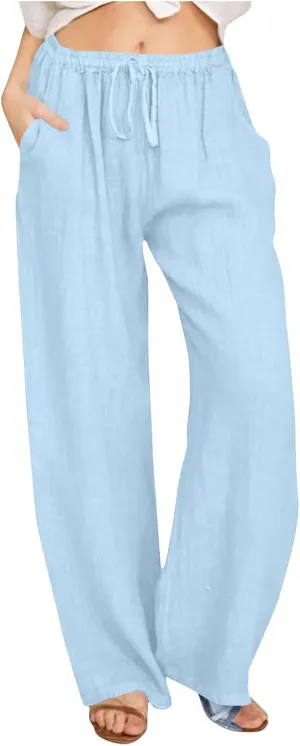 Womens Linen Flowy Pants Fashion Flowy Drawstring Palazzo Pants Summer Comfy Wide Leg Trousers with Pockets