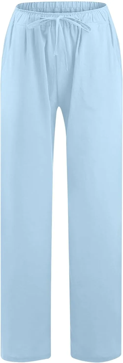 Womens Linen Flowy Pants Fashion Flowy Drawstring Palazzo Pants Summer Comfy Wide Leg Trousers with Pockets