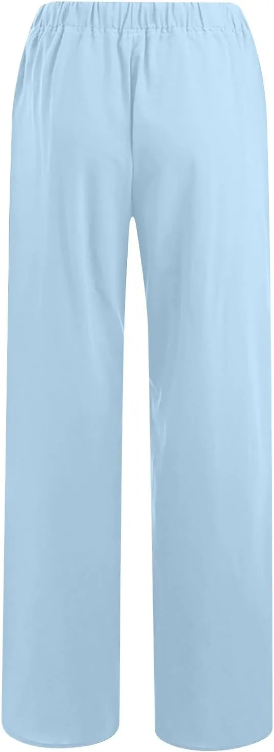 Womens Linen Flowy Pants Fashion Flowy Drawstring Palazzo Pants Summer Comfy Wide Leg Trousers with Pockets