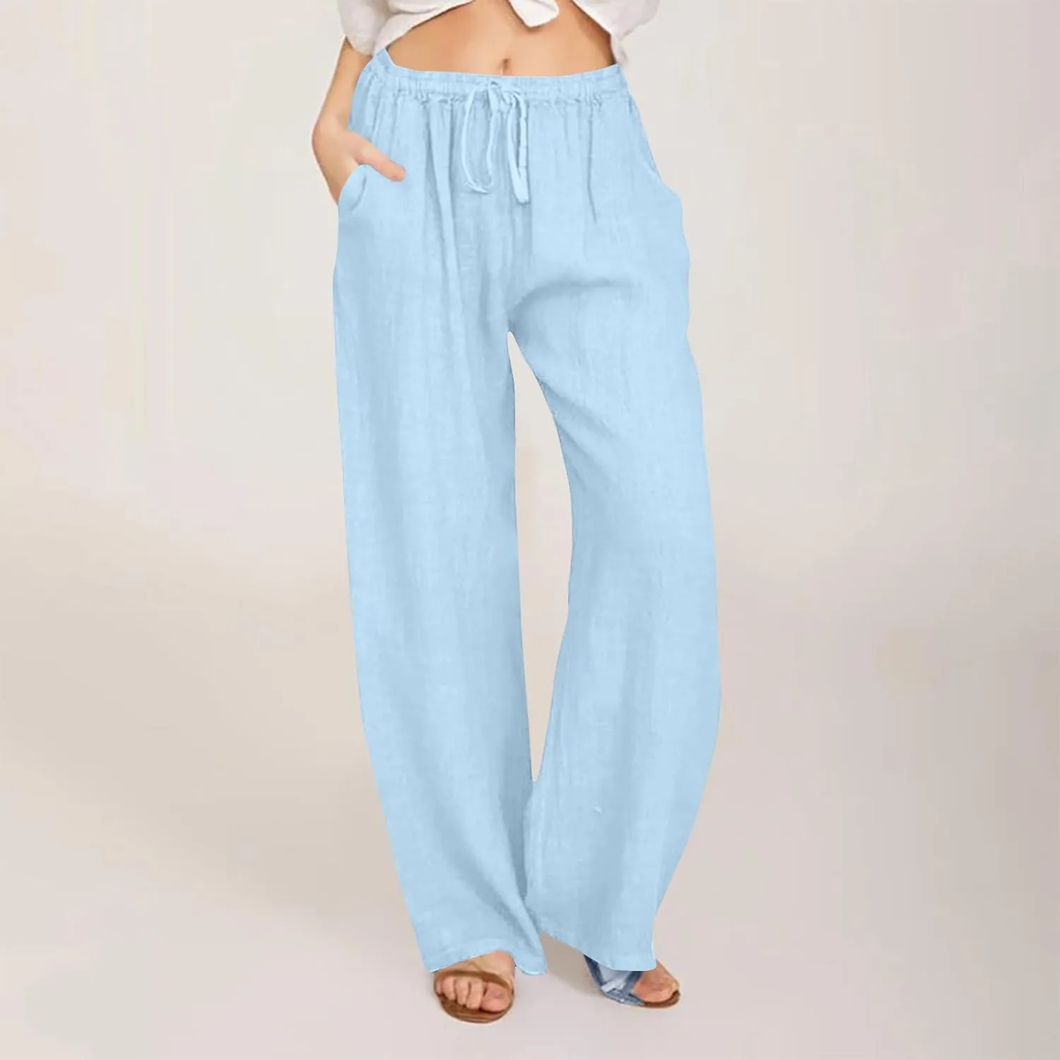 Womens Linen Flowy Pants Fashion Flowy Drawstring Palazzo Pants Summer Comfy Wide Leg Trousers with Pockets