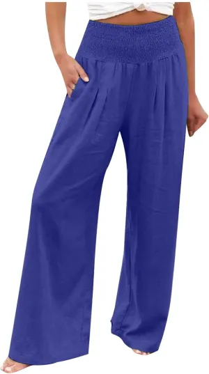 Womens Linen Palazzo Pants 2025 Summer Wide Leg Trouser High Waist Casual Lounge Pant Beach Travel Vacation Outfits