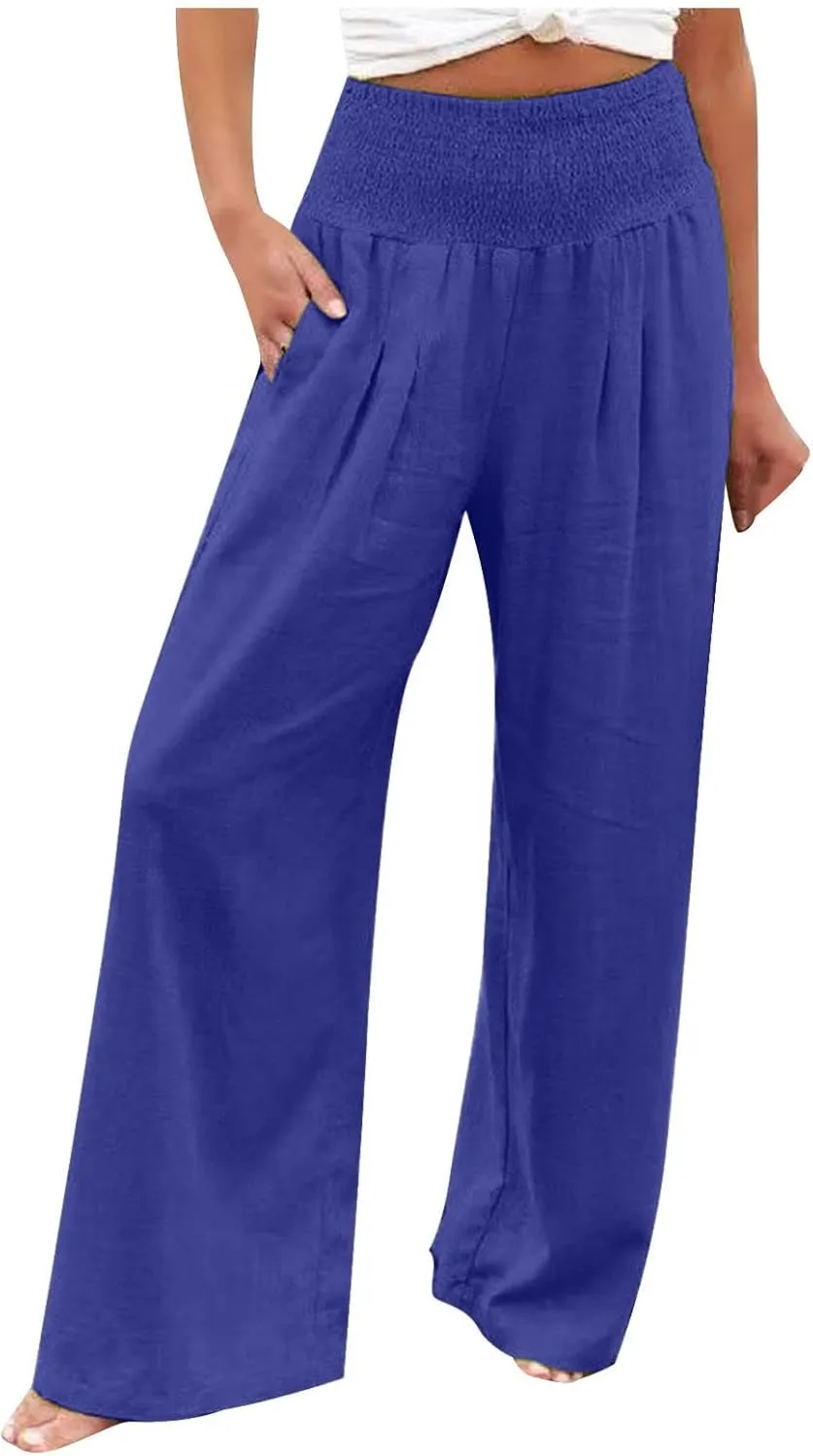 Womens Linen Palazzo Pants 2025 Summer Wide Leg Trouser High Waist Casual Lounge Pant Beach Travel Vacation Outfits