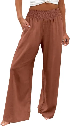 Women's Linen Palazzo Pants Women Smocked Elastic Waist High Waist Loose Comfy Casual Pants with Pockets 2025 Beach
