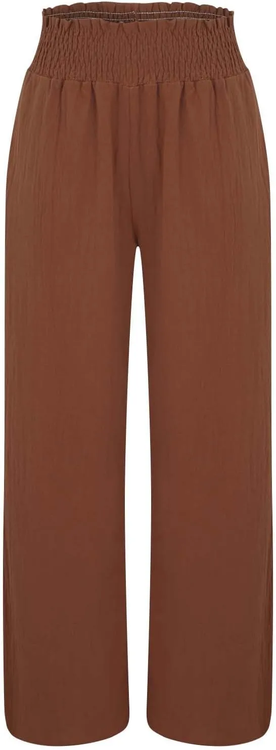 Women's Linen Palazzo Pants Women Smocked Elastic Waist High Waist Loose Comfy Casual Pants with Pockets 2025 Beach