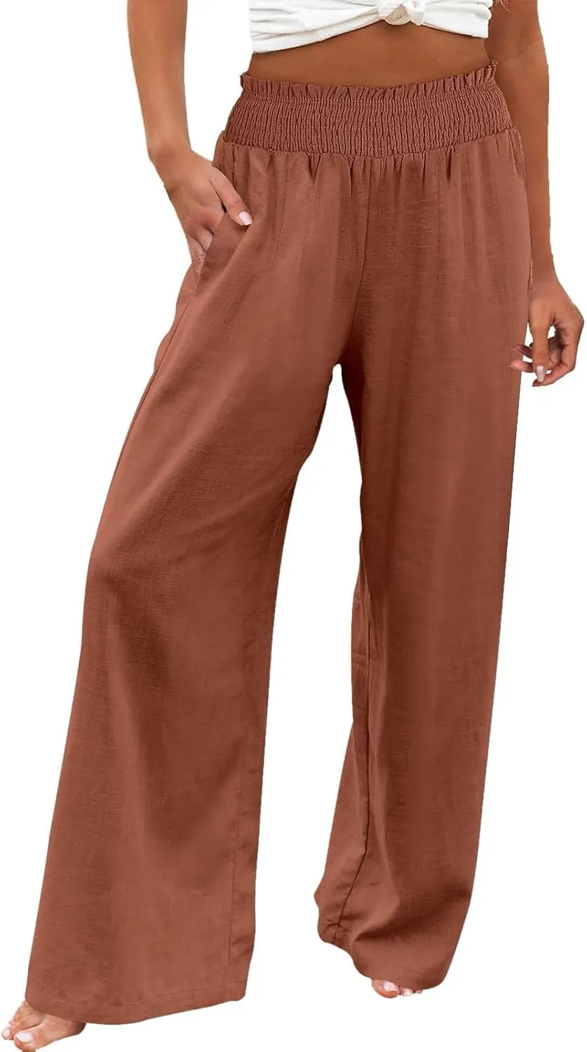 Women's Linen Palazzo Pants Women Smocked Elastic Waist High Waist Loose Comfy Casual Pants with Pockets 2025 Beach