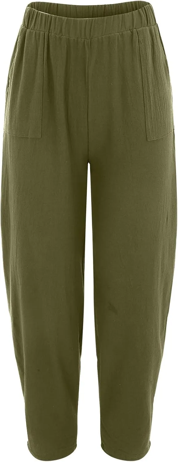 Women's Linen Pants Elastic Waist Wide Leg Pant Loose Fit Tapered Trousers Summer Trendy Lounge Pants with Pockets
