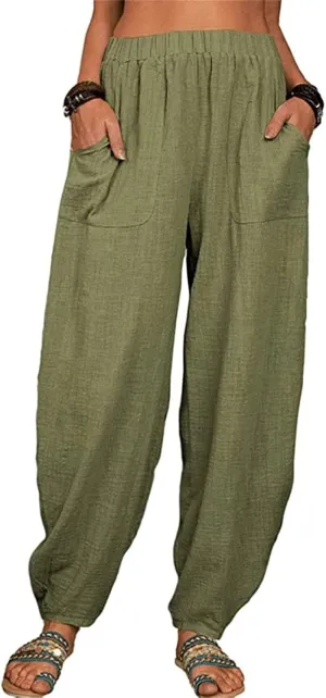 Women's Linen Pants Elastic Waist Wide Leg Pant Loose Fit Tapered Trousers Summer Trendy Lounge Pants with Pockets