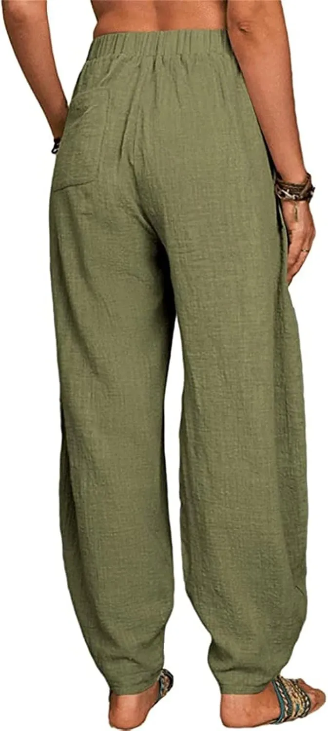 Women's Linen Pants Elastic Waist Wide Leg Pant Loose Fit Tapered Trousers Summer Trendy Lounge Pants with Pockets