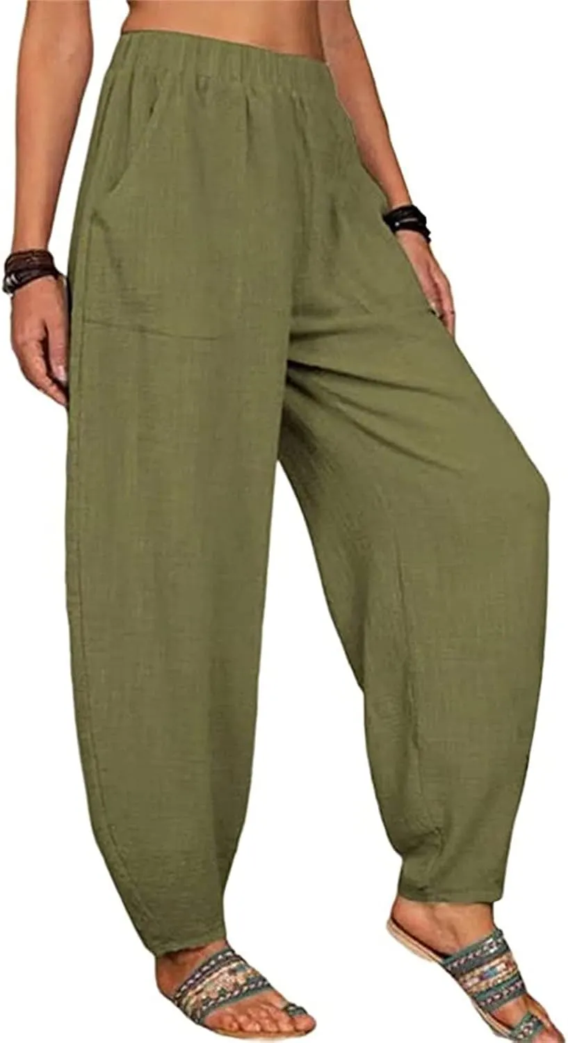 Women's Linen Pants Elastic Waist Wide Leg Pant Loose Fit Tapered Trousers Summer Trendy Lounge Pants with Pockets