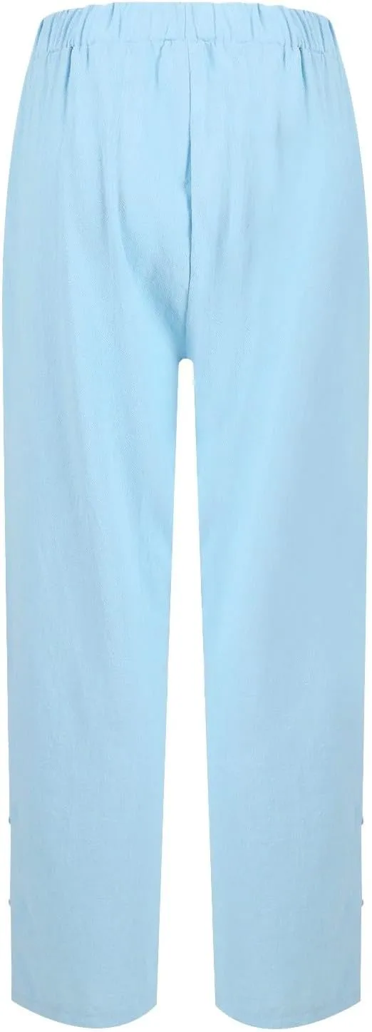 Womens Linen Pants High Waisted Summer Floral Print Capri Pants Elastic Waist Tapered Pants Casual Trousers Plus Size