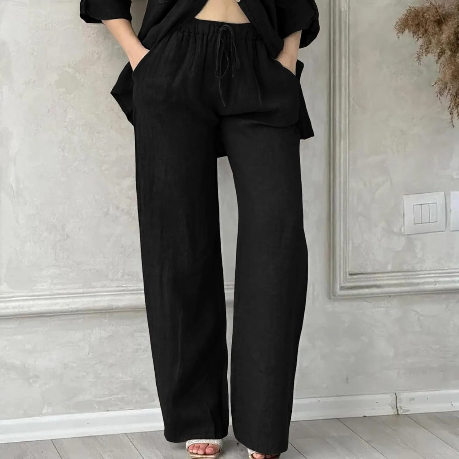 Womens Linen Pants Summer Boho Lightweight High Waist Palazzo Pants Straight Leg Lounge Trousers with Pockets