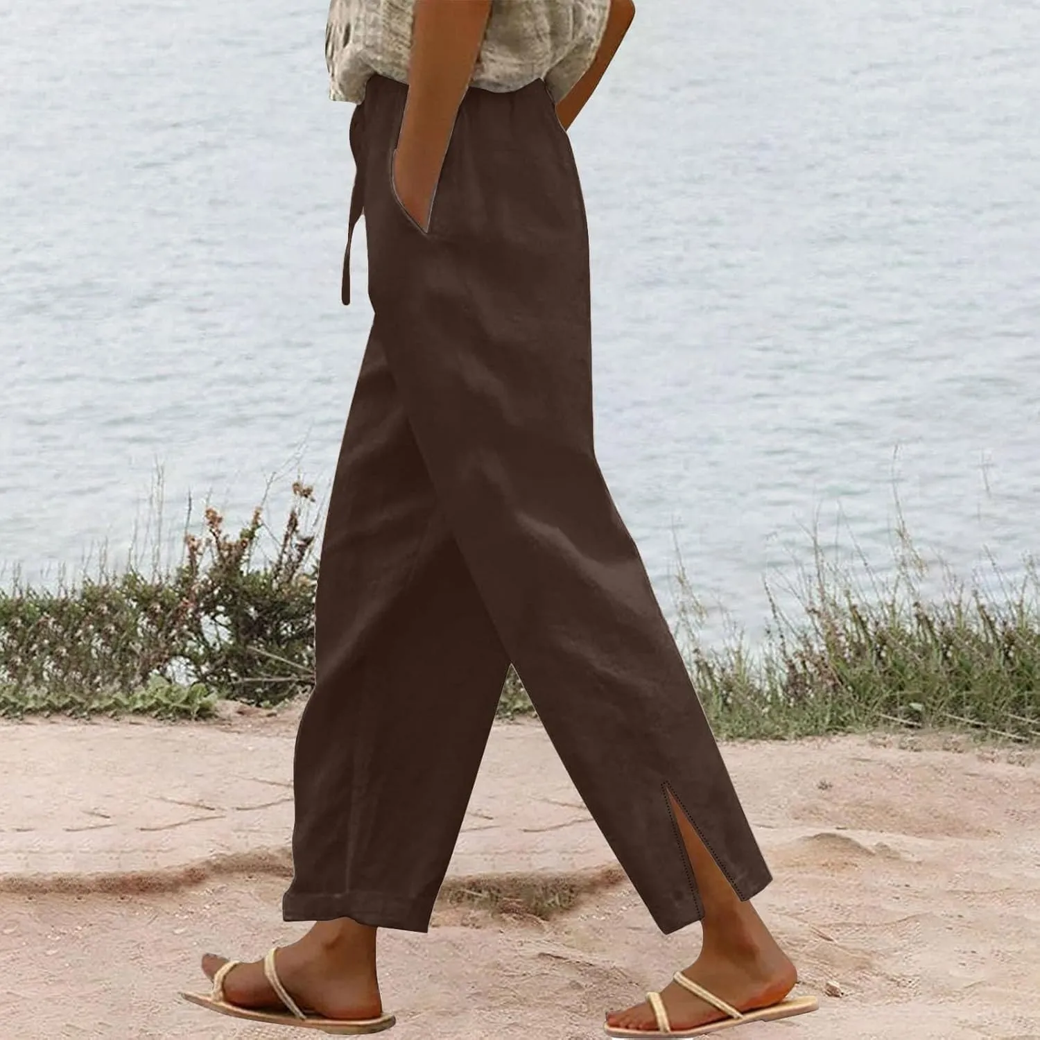 Womens Linen Pants Trendy 2025 Summer Casual Drawstring Elastic Waist Trousers Lightweight Beach Vacation Outfits