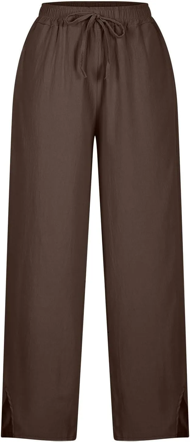 Womens Linen Pants Trendy 2025 Summer Casual Drawstring Elastic Waist Trousers Lightweight Beach Vacation Outfits