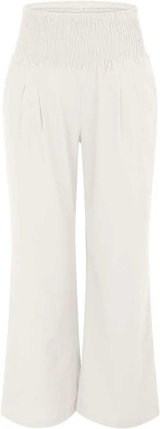 Womens Linen Solid Palazzo Pants Elastic high Waisted Wide Leg Pant Summer Comfy Trousers Vacation Outfits