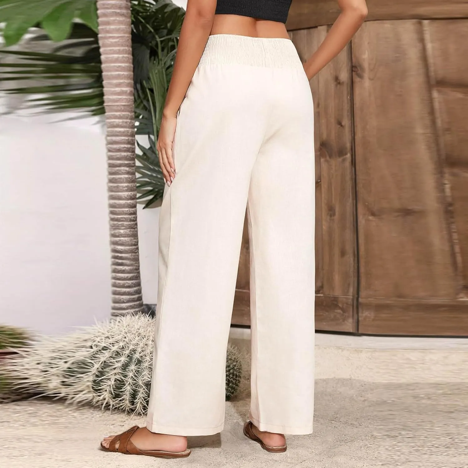 Womens Linen Solid Palazzo Pants Elastic high Waisted Wide Leg Pant Summer Comfy Trousers Vacation Outfits