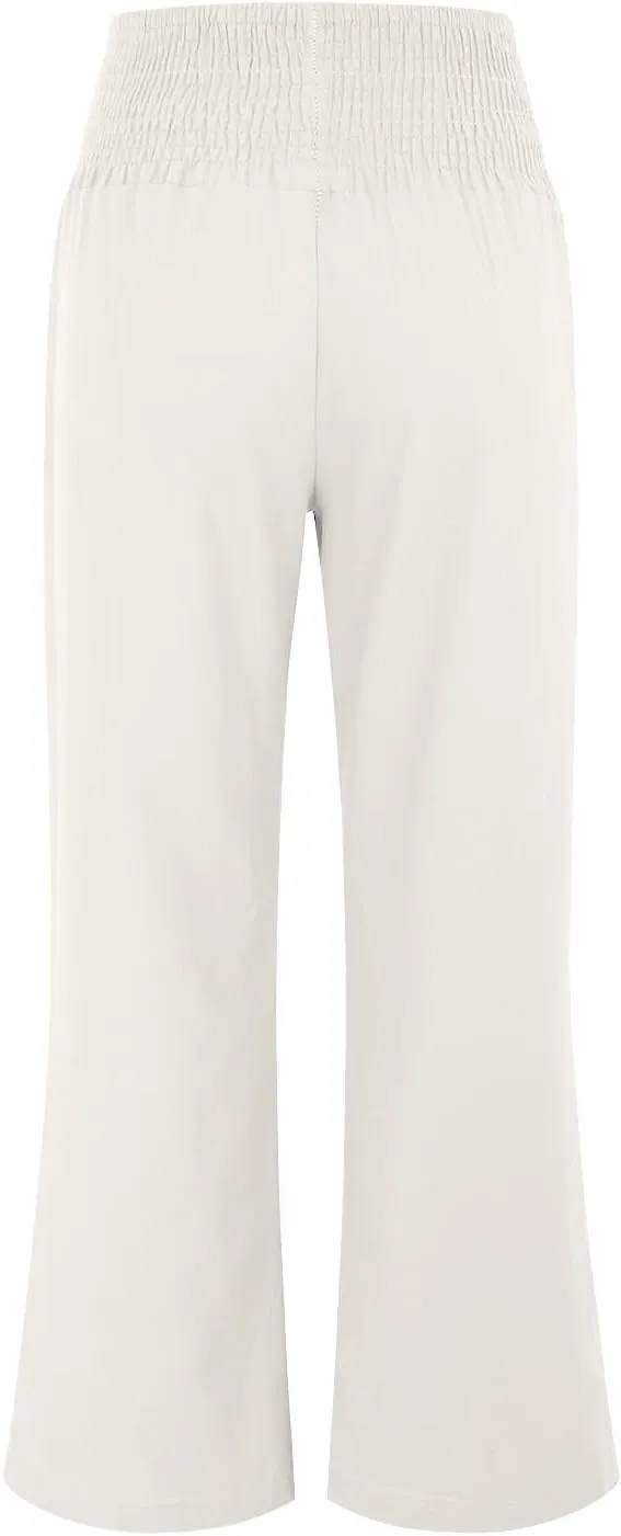 Womens Linen Solid Palazzo Pants Elastic high Waisted Wide Leg Pant Summer Comfy Trousers Vacation Outfits