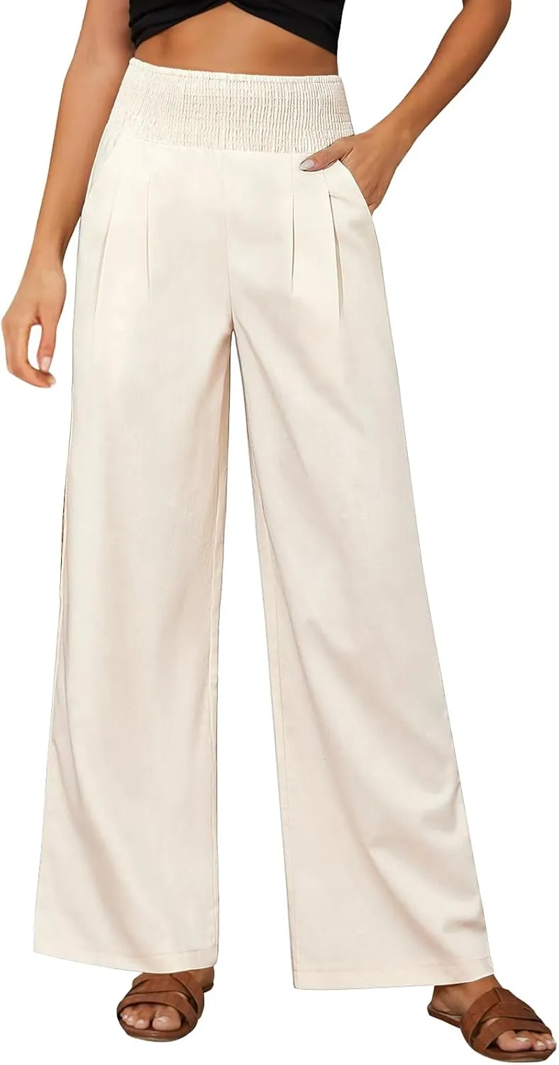 Womens Linen Solid Palazzo Pants Elastic high Waisted Wide Leg Pant Summer Comfy Trousers Vacation Outfits
