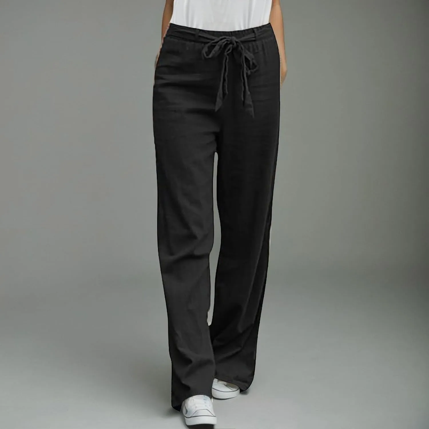 Womens Linen Summer Letter Patched Palazzo Pants High Waist Wide Leg Plus Size Palazzo Lounge Pants Vacation
