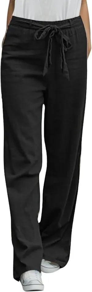 Womens Linen Summer Letter Patched Palazzo Pants High Waist Wide Leg Plus Size Palazzo Lounge Pants Vacation