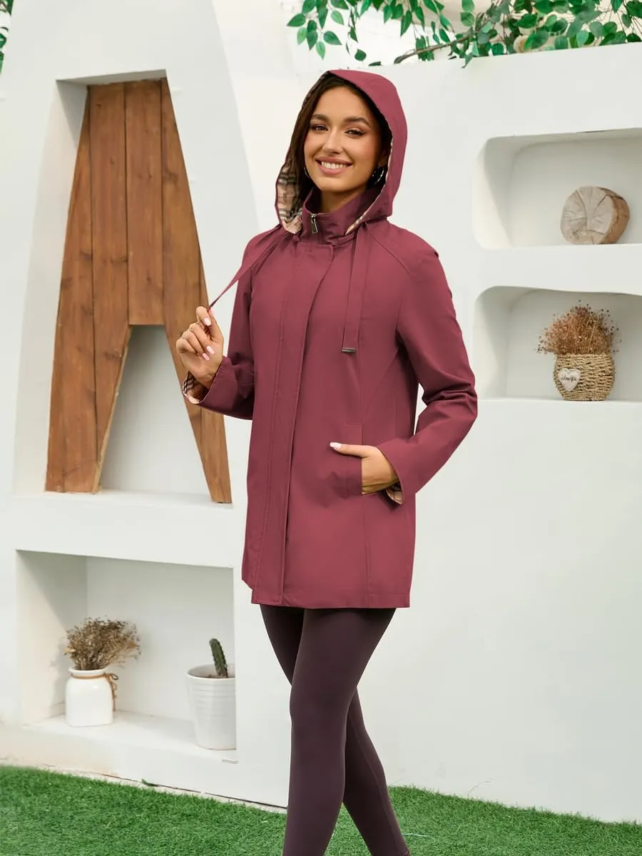 Womens Long Hooded Rain Jacket Waterproof Outdoor Hiking Raincoat Windbreaker Lined Lightweight Trench Coat