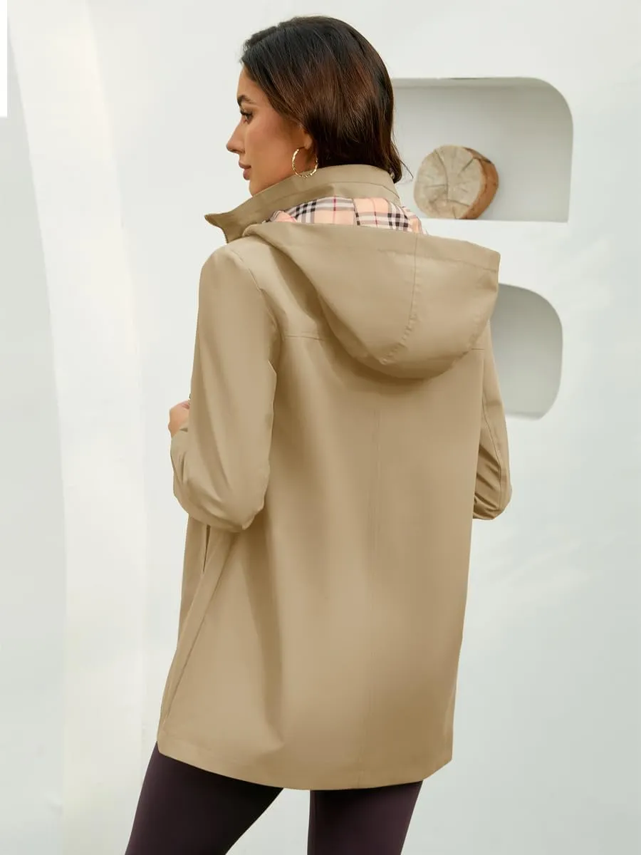 Womens Long Hooded Rain Jacket Waterproof Outdoor Hiking Raincoat Windbreaker Lined Lightweight Trench Coat