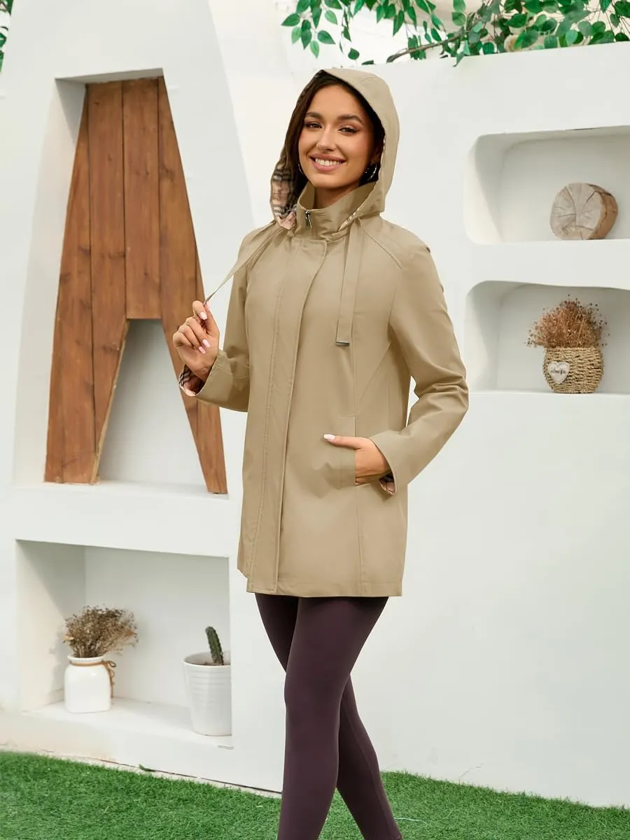 Womens Long Hooded Rain Jacket Waterproof Outdoor Hiking Raincoat Windbreaker Lined Lightweight Trench Coat