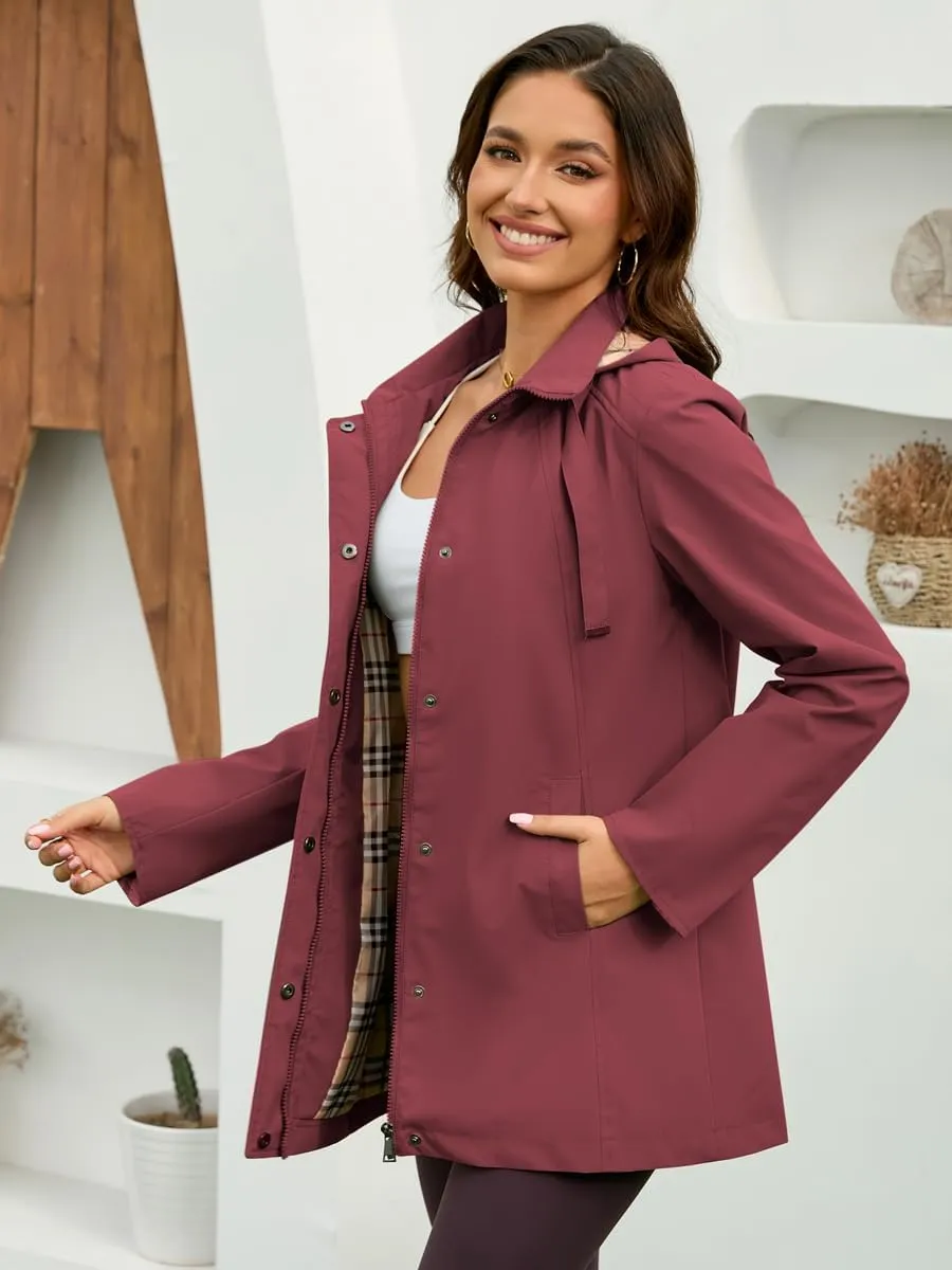 Womens Long Hooded Rain Jacket Waterproof Outdoor Hiking Raincoat Windbreaker Lined Lightweight Trench Coat