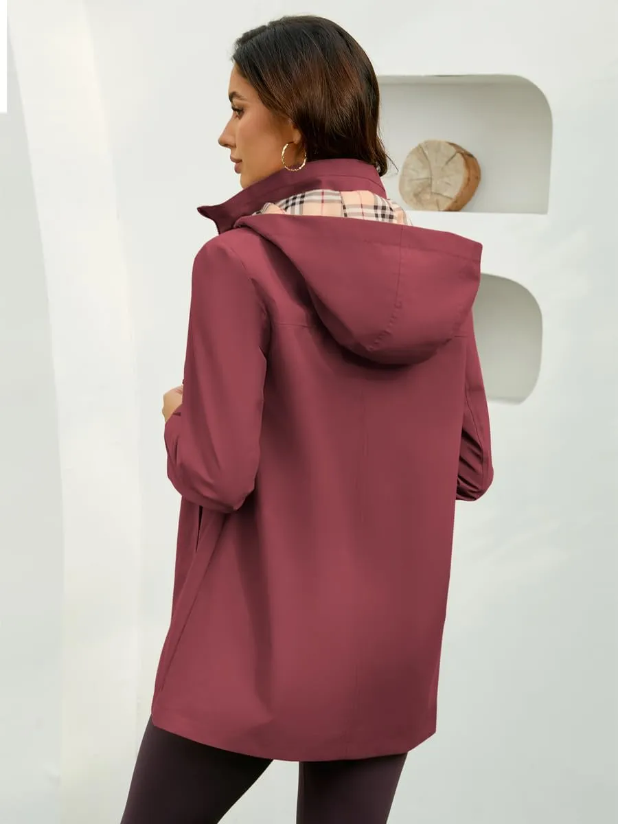 Womens Long Hooded Rain Jacket Waterproof Outdoor Hiking Raincoat Windbreaker Lined Lightweight Trench Coat