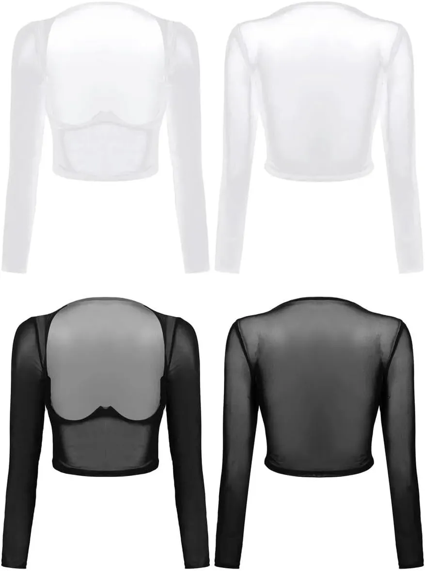 Womens Long Sleeve Sheer Mesh Open Front Crop Tops Tee Shirt Blouse See Through Slim Fit T-Shirt Undershirt Lingerie