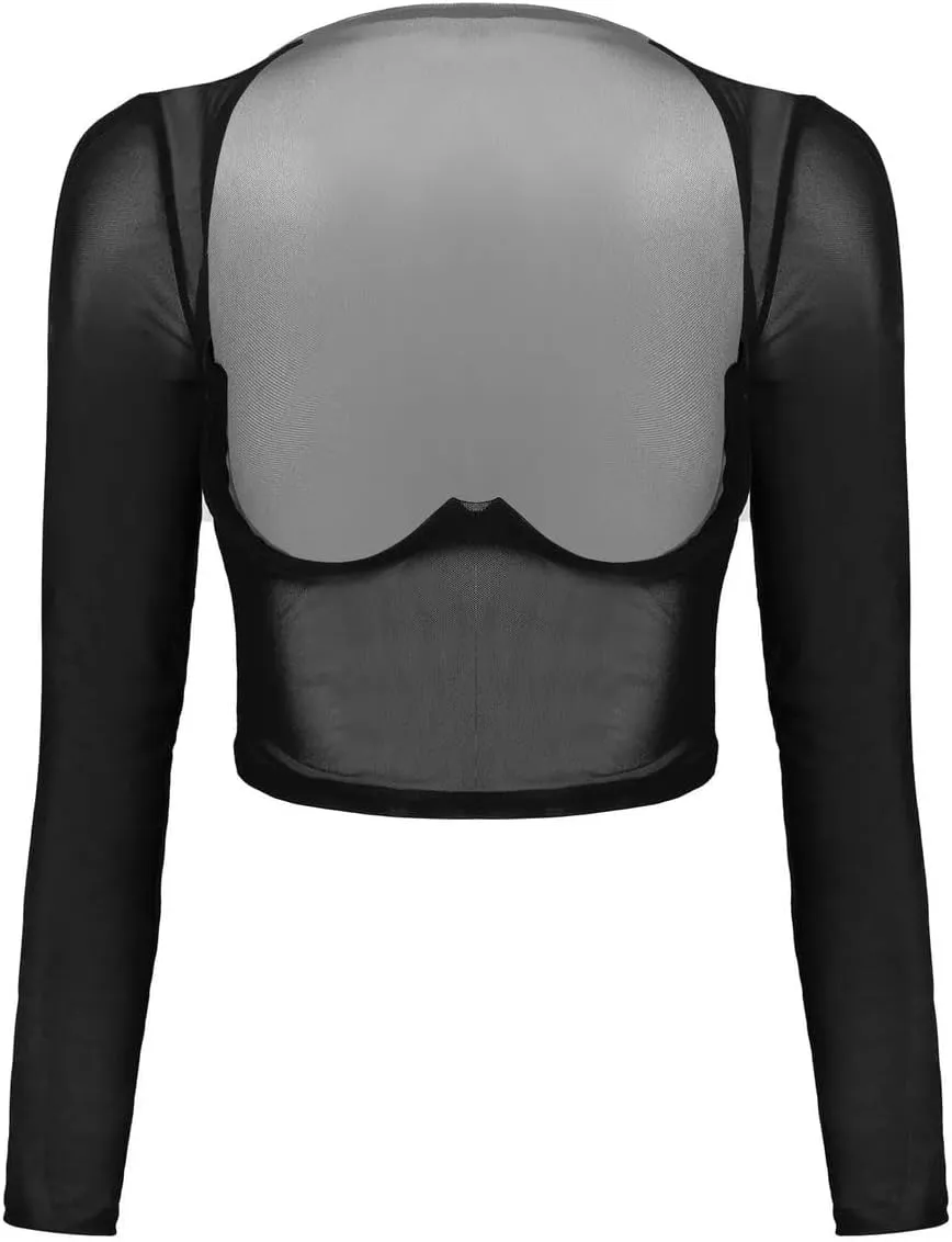 Womens Long Sleeve Sheer Mesh Open Front Crop Tops Tee Shirt Blouse See Through Slim Fit T-Shirt Undershirt Lingerie