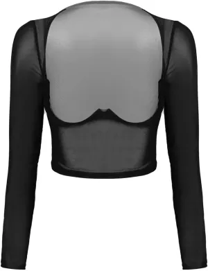 Womens Long Sleeve Sheer Mesh Open Front Crop Tops Tee Shirt Blouse See Through Slim Fit T-Shirt Undershirt Lingerie