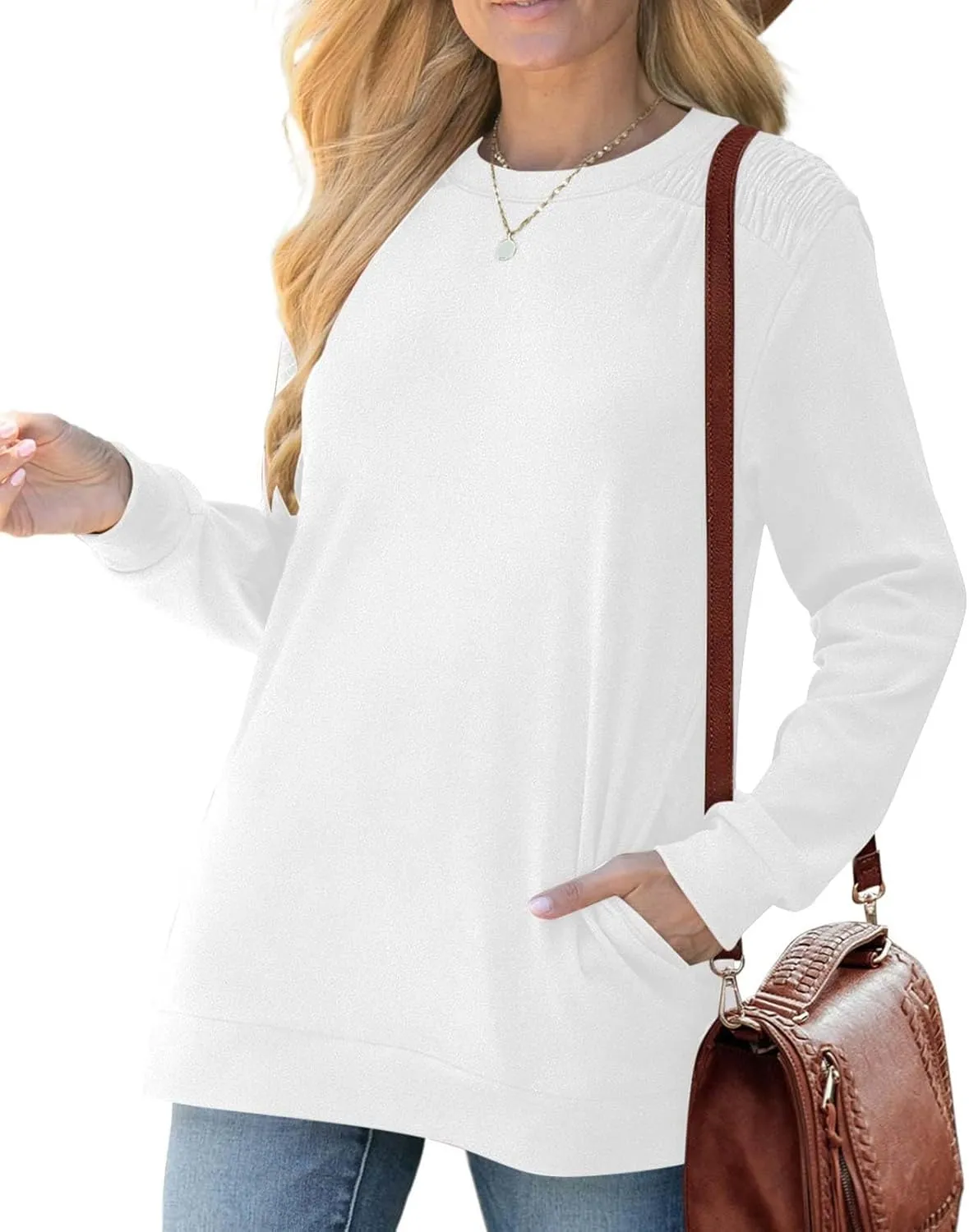 Womens Oversized Crewneck Sweatshirt Pleated Long Sleeve Tunic Tops Loose Fit Pullover Top Fall Clothes with Pockets