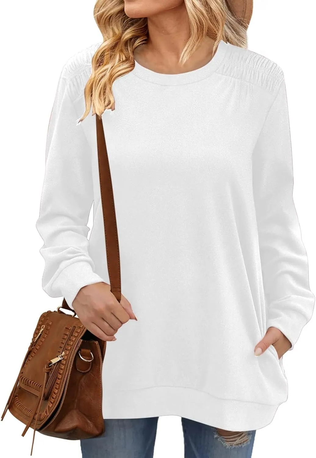 Womens Oversized Crewneck Sweatshirt Pleated Long Sleeve Tunic Tops Loose Fit Pullover Top Fall Clothes with Pockets