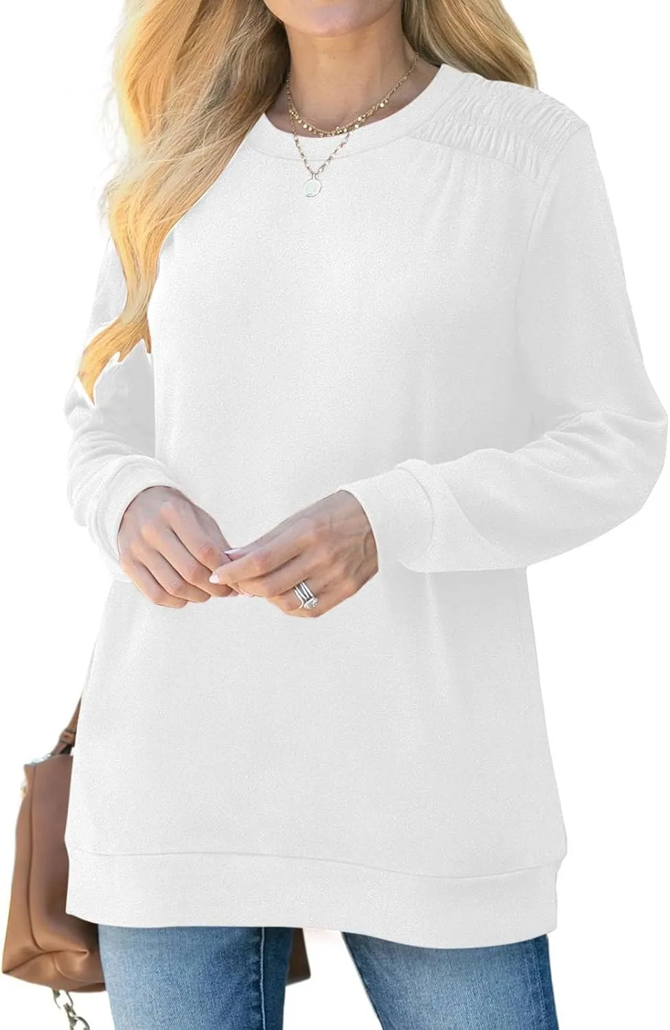 Womens Oversized Crewneck Sweatshirt Pleated Long Sleeve Tunic Tops Loose Fit Pullover Top Fall Clothes with Pockets