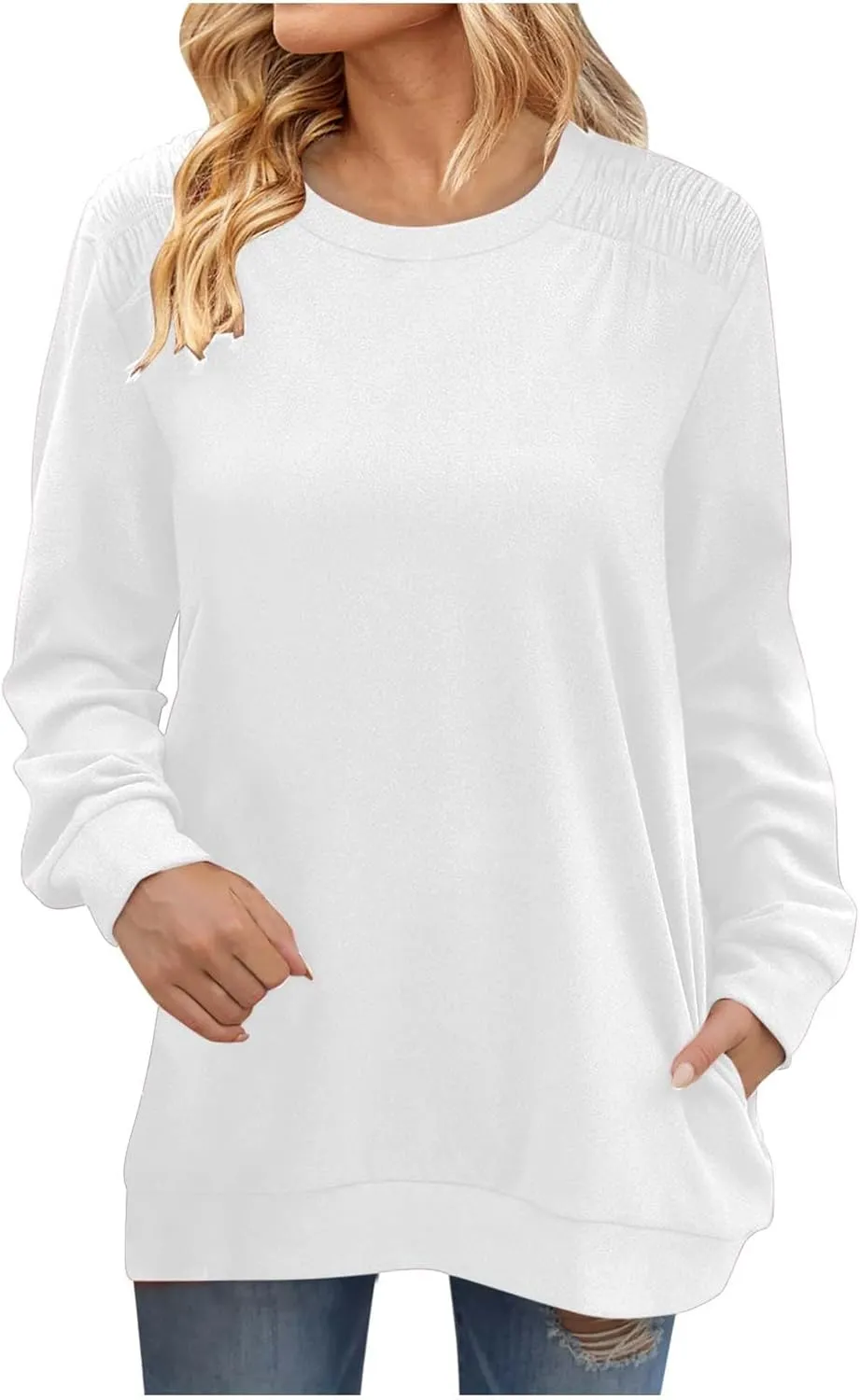 Womens Oversized Crewneck Sweatshirt Pleated Long Sleeve Tunic Tops Loose Fit Pullover Top Fall Clothes with Pockets