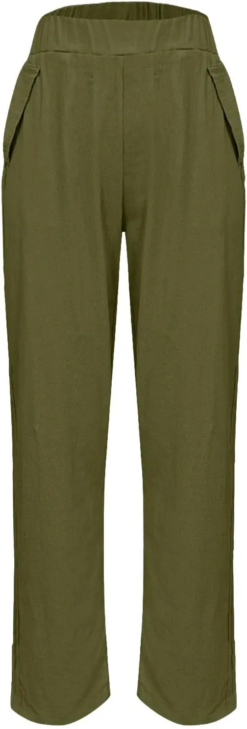 Womens Palazzo Pants Beach Trousers Casual Lightweight Elastic Waist Pants with Pockets Loose Fit Full Length Pants