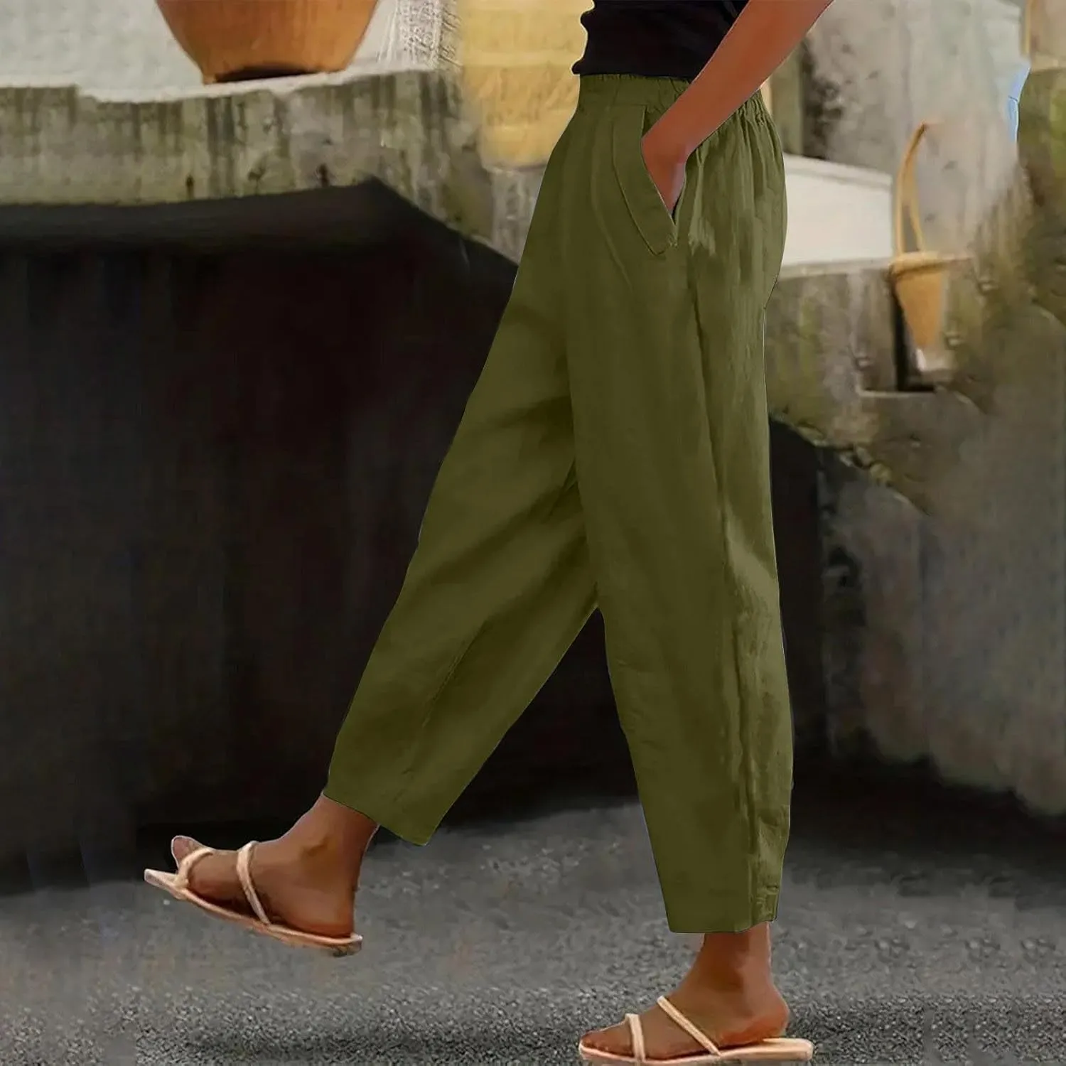 Womens Palazzo Pants Beach Trousers Casual Lightweight Elastic Waist Pants with Pockets Loose Fit Full Length Pants