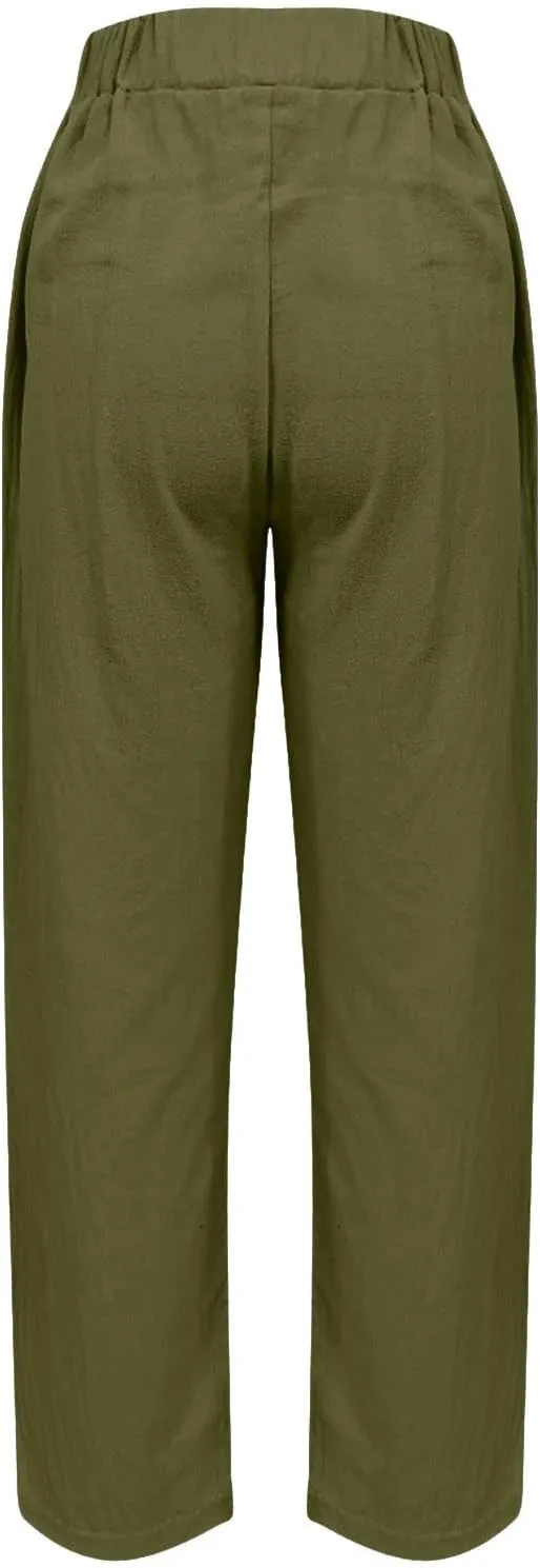 Womens Palazzo Pants Beach Trousers Casual Lightweight Elastic Waist Pants with Pockets Loose Fit Full Length Pants
