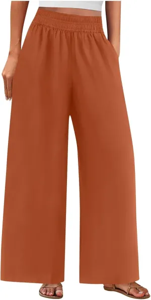 Womens Palazzo Pants with Pockets Loose Flowy Wide Leg Pants Summer Beach Travel Outfits Stretch Comfy Trousers