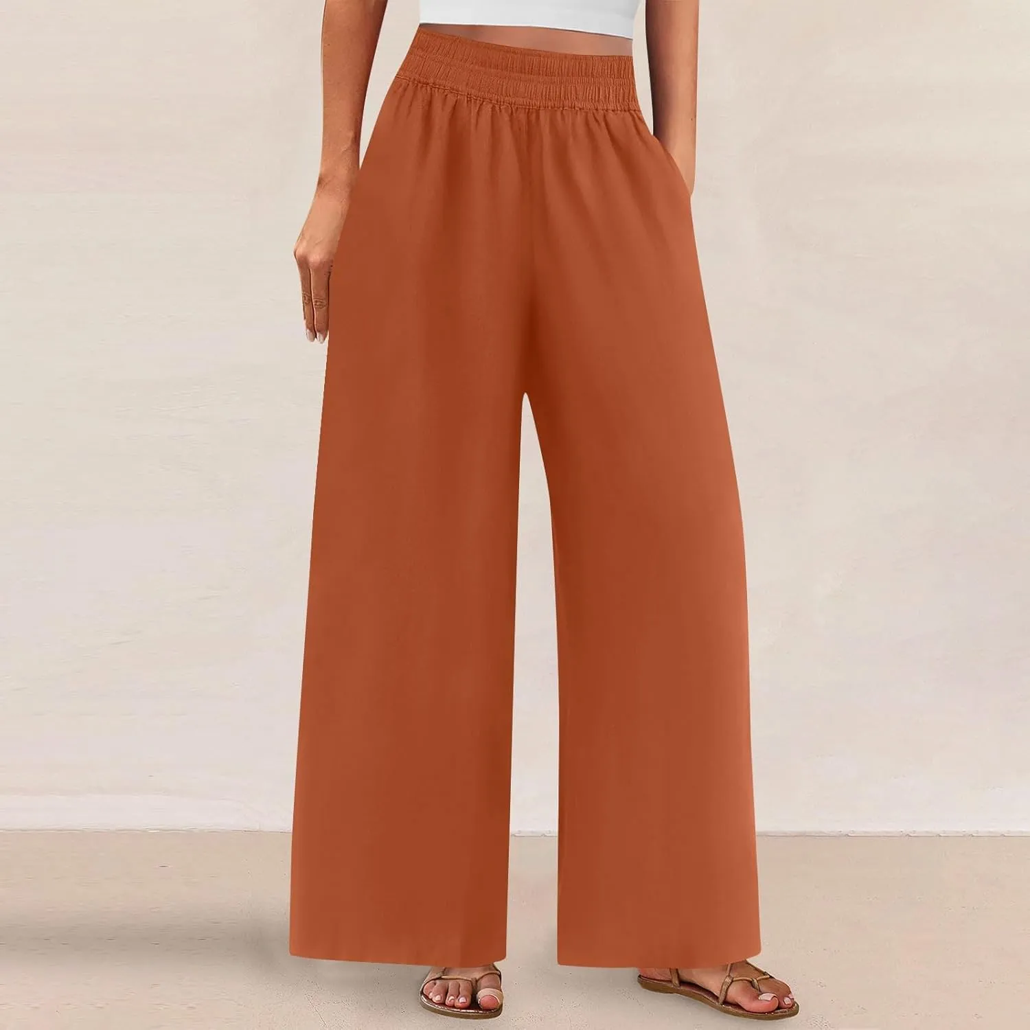 Womens Palazzo Pants with Pockets Loose Flowy Wide Leg Pants Summer Beach Travel Outfits Stretch Comfy Trousers