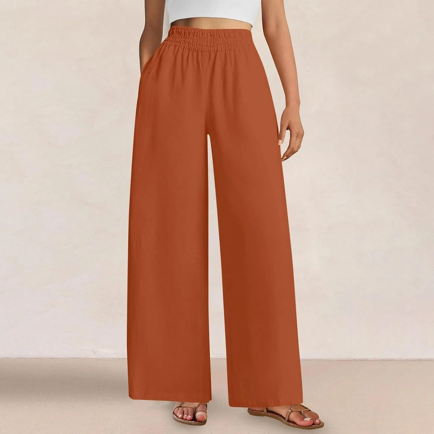 Womens Palazzo Pants with Pockets Loose Flowy Wide Leg Pants Summer Beach Travel Outfits Stretch Comfy Trousers