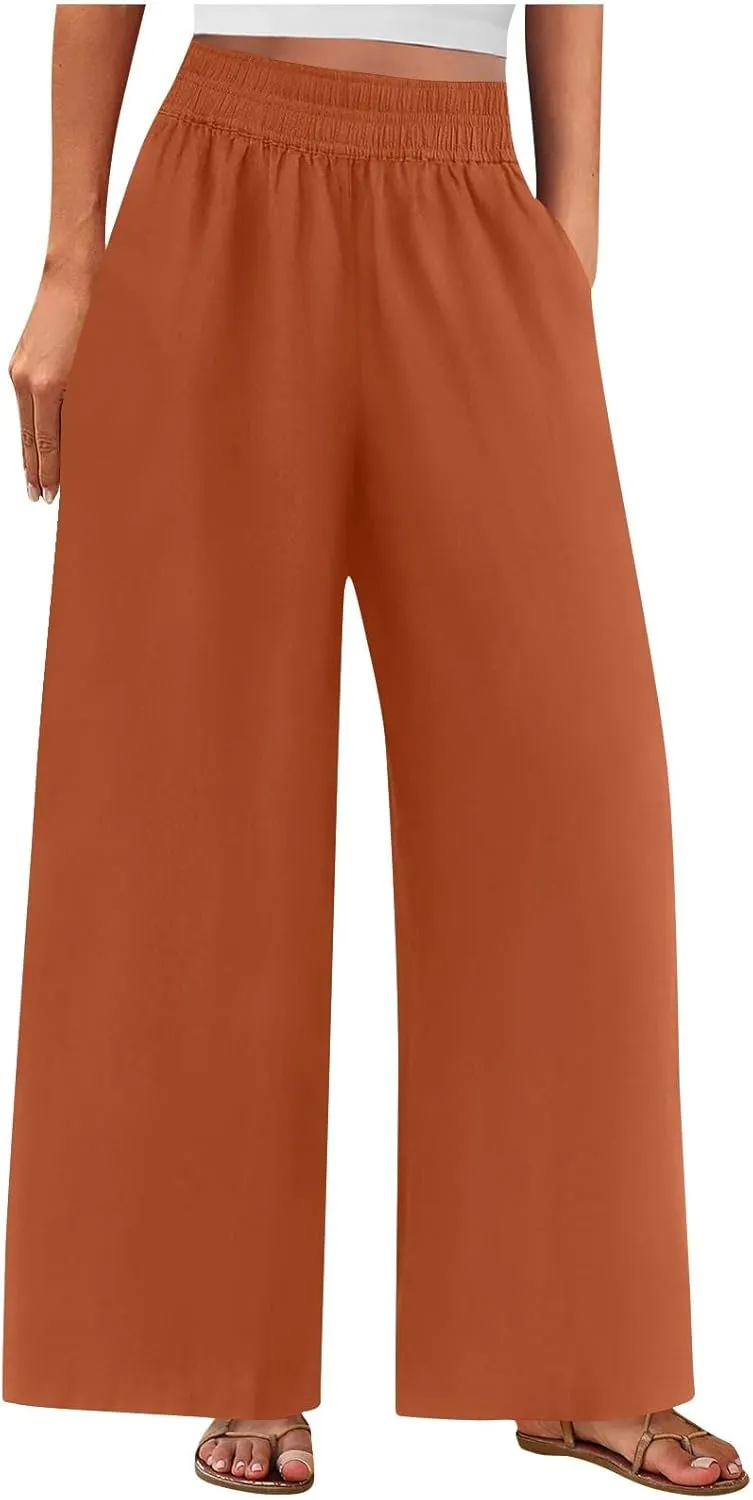 Womens Palazzo Pants with Pockets Loose Flowy Wide Leg Pants Summer Beach Travel Outfits Stretch Comfy Trousers