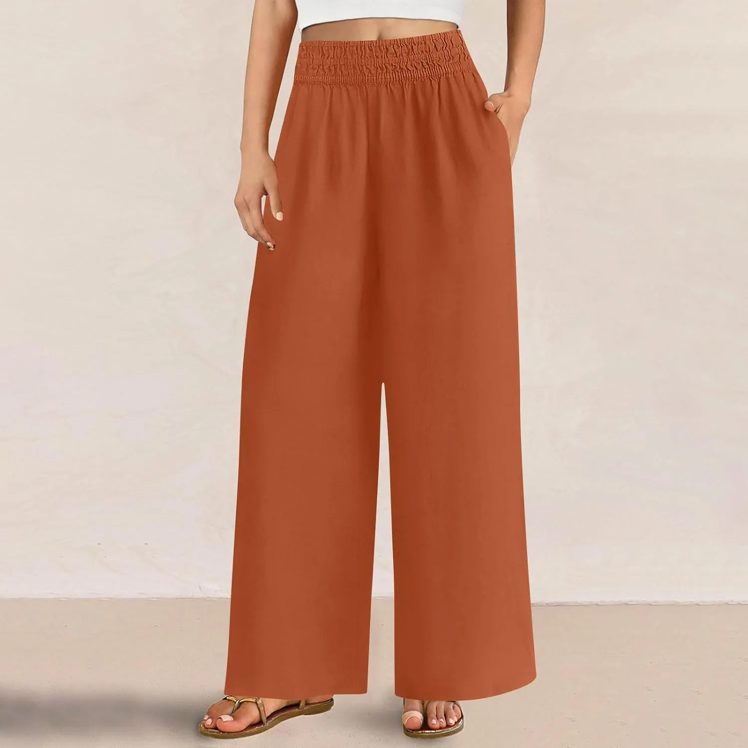 Womens Palazzo Pants with Pockets Loose Flowy Wide Leg Pants Summer Beach Travel Outfits Stretch Comfy Trousers
