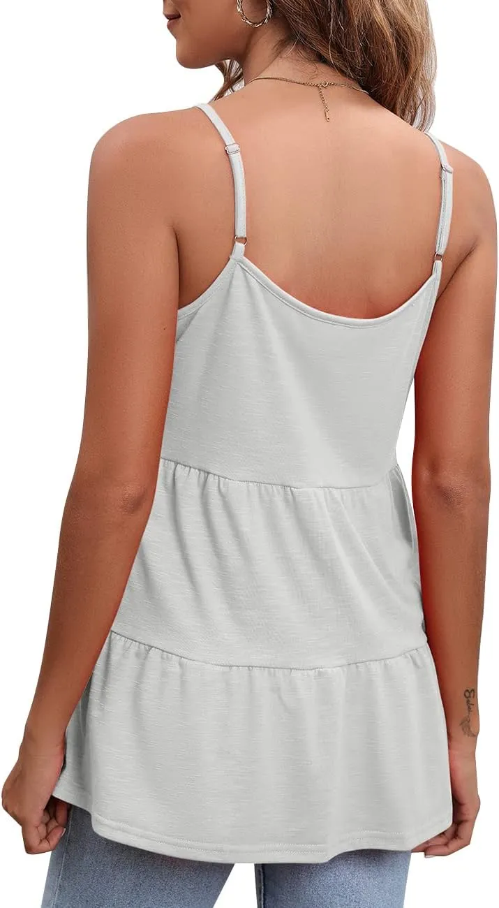 Women's Scoop Neck Spaghetti Strap Babydoll Tank Tops Ruffle Hem Peplum Sleeveless Tunic
