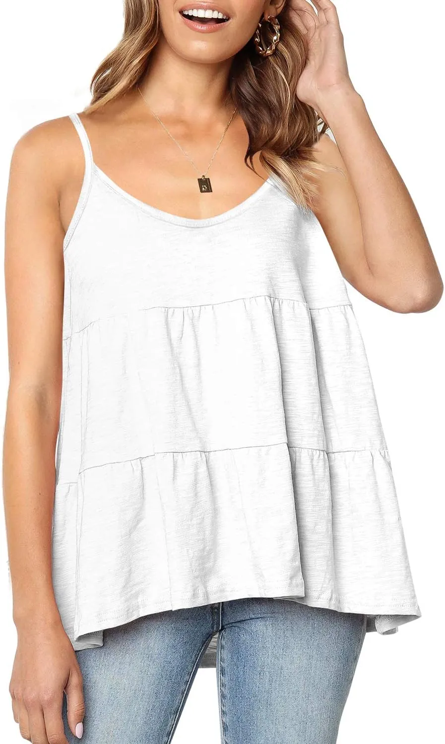 Women's Scoop Neck Spaghetti Strap Babydoll Tank Tops Ruffle Hem Peplum Sleeveless Tunic