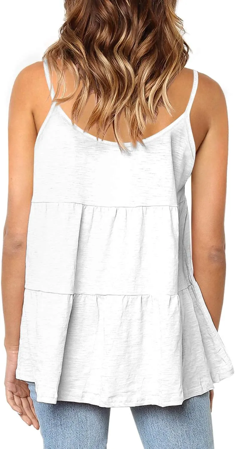 Women's Scoop Neck Spaghetti Strap Babydoll Tank Tops Ruffle Hem Peplum Sleeveless Tunic