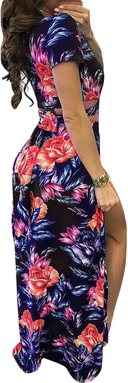 Womens Sexy 2 Piece Outfits Floral Print V Neck Crop Top and High Split Maxi Skirt Sets